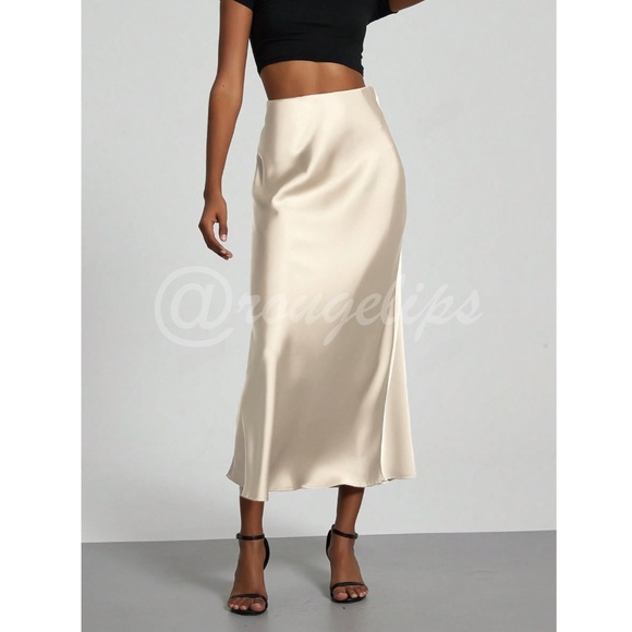 Champagne Beige Satin A-Line Skirt High Waisted Long - Picture 1 of 10